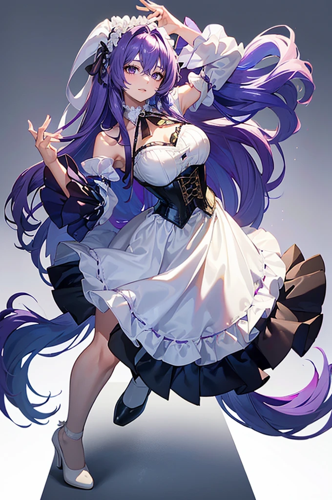 ((Perfect Face)),Purple Hair,long hair,1 female,bartender,(((White shirt with rolled up sleeves)),(corset),(((Tight Skirt))),,High heels,,((Simple White background)),((smile)),((full body)),((whole body)),Portraits,virtual,upright,