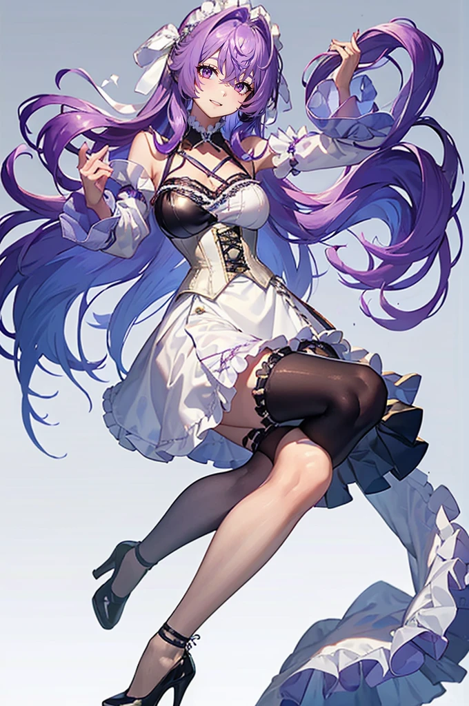 ((Perfect Face)),Purple Hair,long hair,1 female,bartender,(((White shirt with rolled up sleeves)),(corset),(((Tight Skirt))),,High heels,,((Simple White background)),((smile)),((full body)),((whole body)),Portraits,virtual,upright,