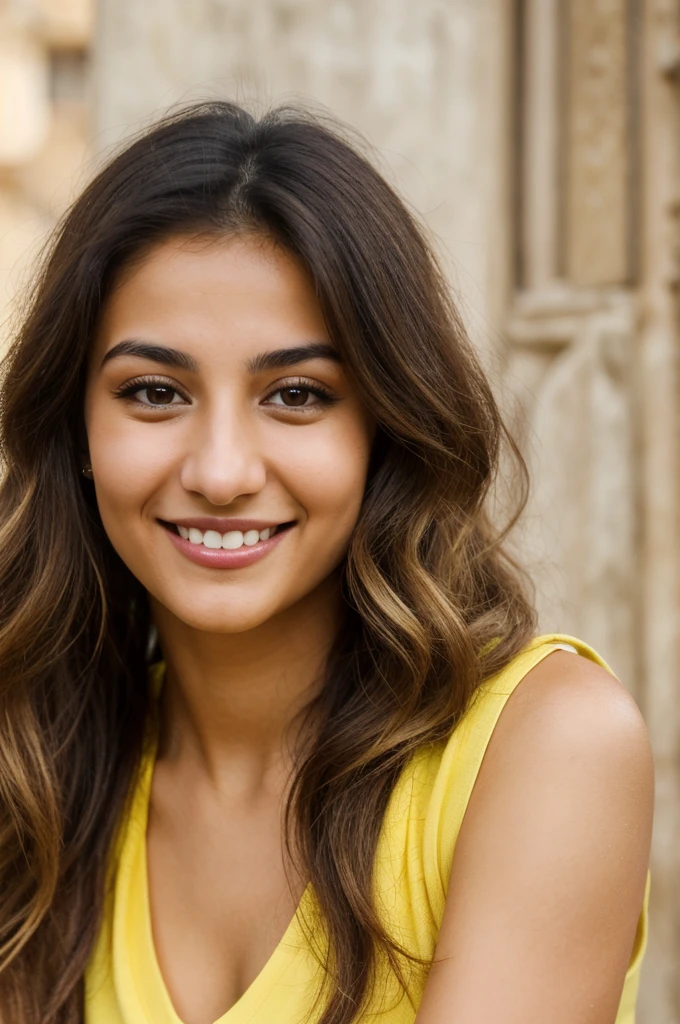 24YO, small nose, one attractive Jordanian women, Bright Yellow shirt, cute smile, cute face, white teethes, skinny face, light brown eyes, black/blonde long hair
