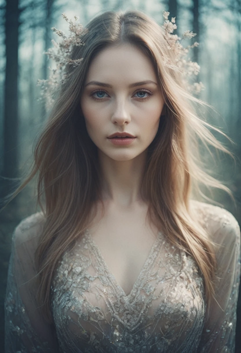 (Double Exposure Photography by Stanley Stellar and Josefa Pla Marco:1.2), award-winning photography, pale skin, evil slavic woman, long dark blond hair, upper body, aesthetic, dazzling atmosphere, atmospheric scattering, perfectly focused, f/22, symmetry and balance, artistic, infrared photography, outstanding details, (opal multi-color and opaque colors:0.1), ((artistic model pose for photo))