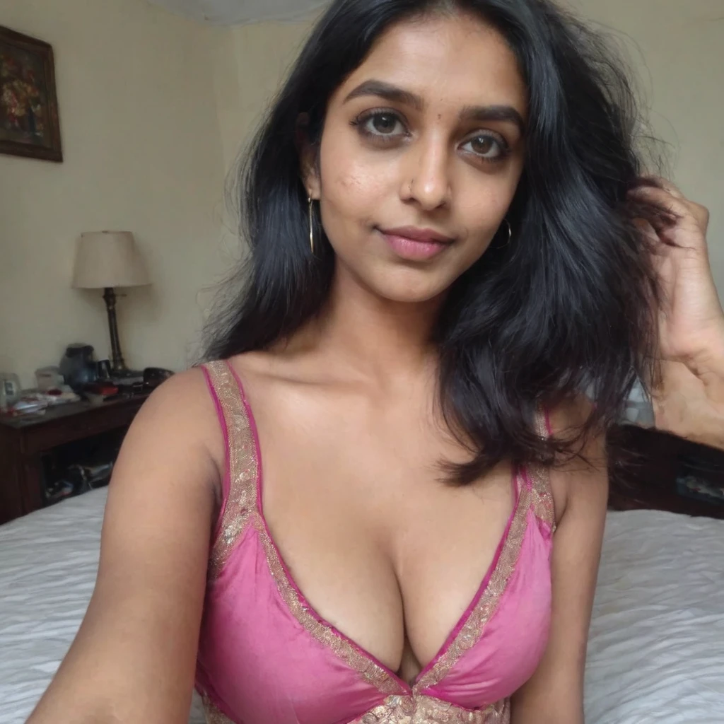 phone photo of Indian girl at home, deep cleavage visible, uploaded on snapchat
