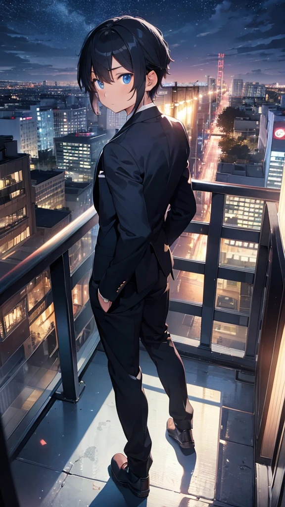 A half-body portrait of a  boy with ผมสีน้ำตาล, blue eyes, wearing a plain black suit. Turn around and look back at the half-body image. look back. city view at night with black dragon