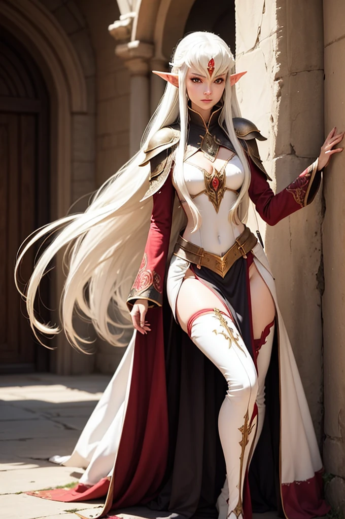 mature female elf, full body, long white hair, pointed ears, white skin, red eyes, confident expression, full plate adorned armor.
