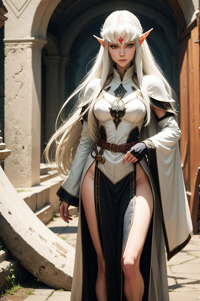 mature female elf, full body, long white hair, pointed ears, white skin, red eyes, confident expression, full plate adorned armor.