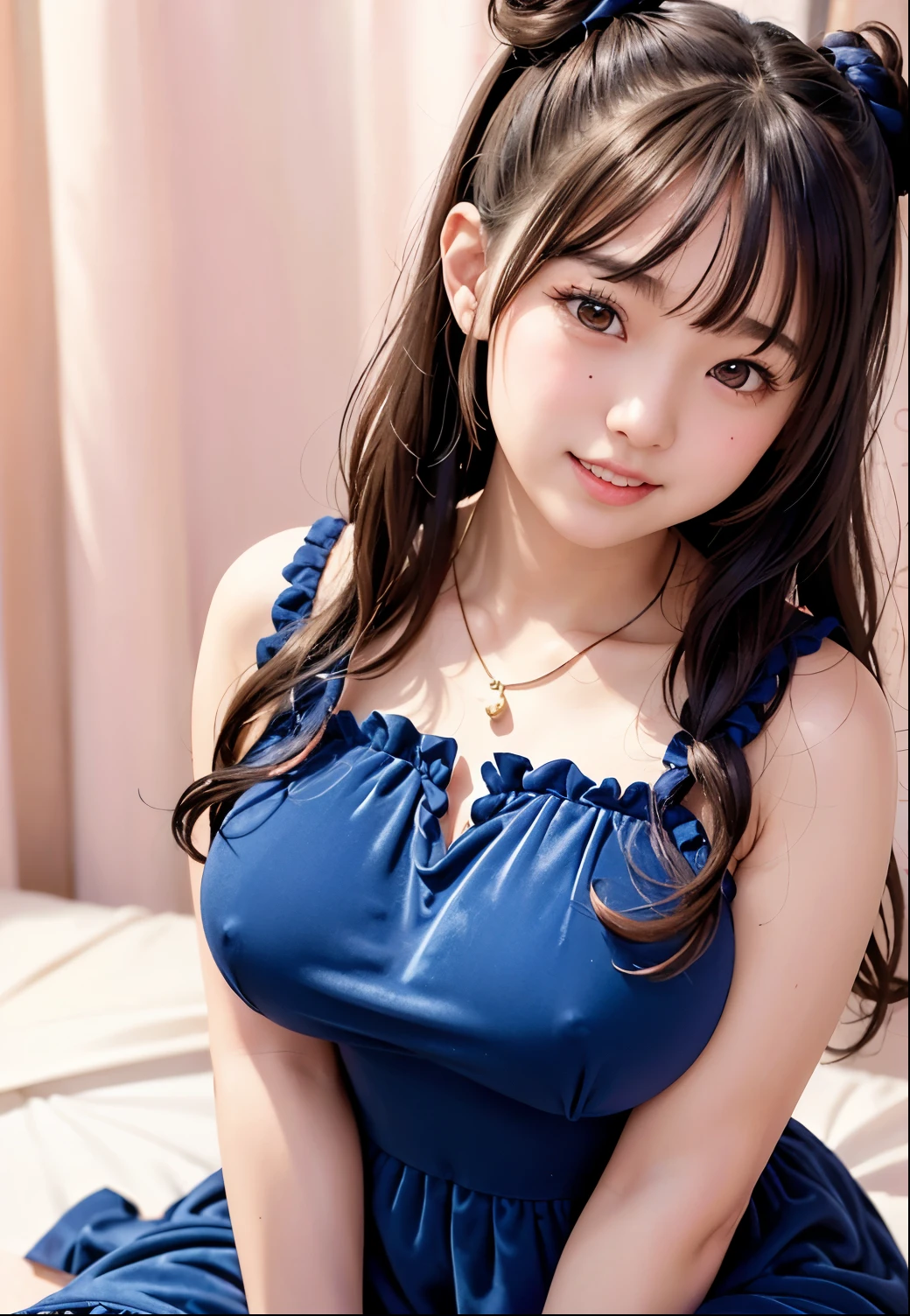 (Highest quality,masterpiece:1.3,Ultra-high resolution),(Very detailed、Caustics) (Realistic:1.4, RAW shooting、)Ultra-Realistic Capture、Very detailed、Natural skin texture、masterpiece、(Japanese girl wearing a blue velvet dress:1.3)、Adorable expression、Expressions of happiness、、Height: 160cm、Young Face、Amazingly cute、Twin tail hairstyle、Curly Hair、Scrunchie、necklace、Black Hair、Heavy makeup、Large breasts、Shining thighs、Filmed inside a sex shop、Pink Curtains、Pink Wallpaper、(Sit on the bed)、Background details、smile、An inviting gaze、Anatomically correct、Attention to detail、Sexy and cute pose、