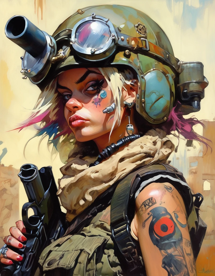 tank girl character, military helmet, piercings, shotgun, in a tank, (art inspired by Skottie Young and Bill Sienkiewicz). oil painting)