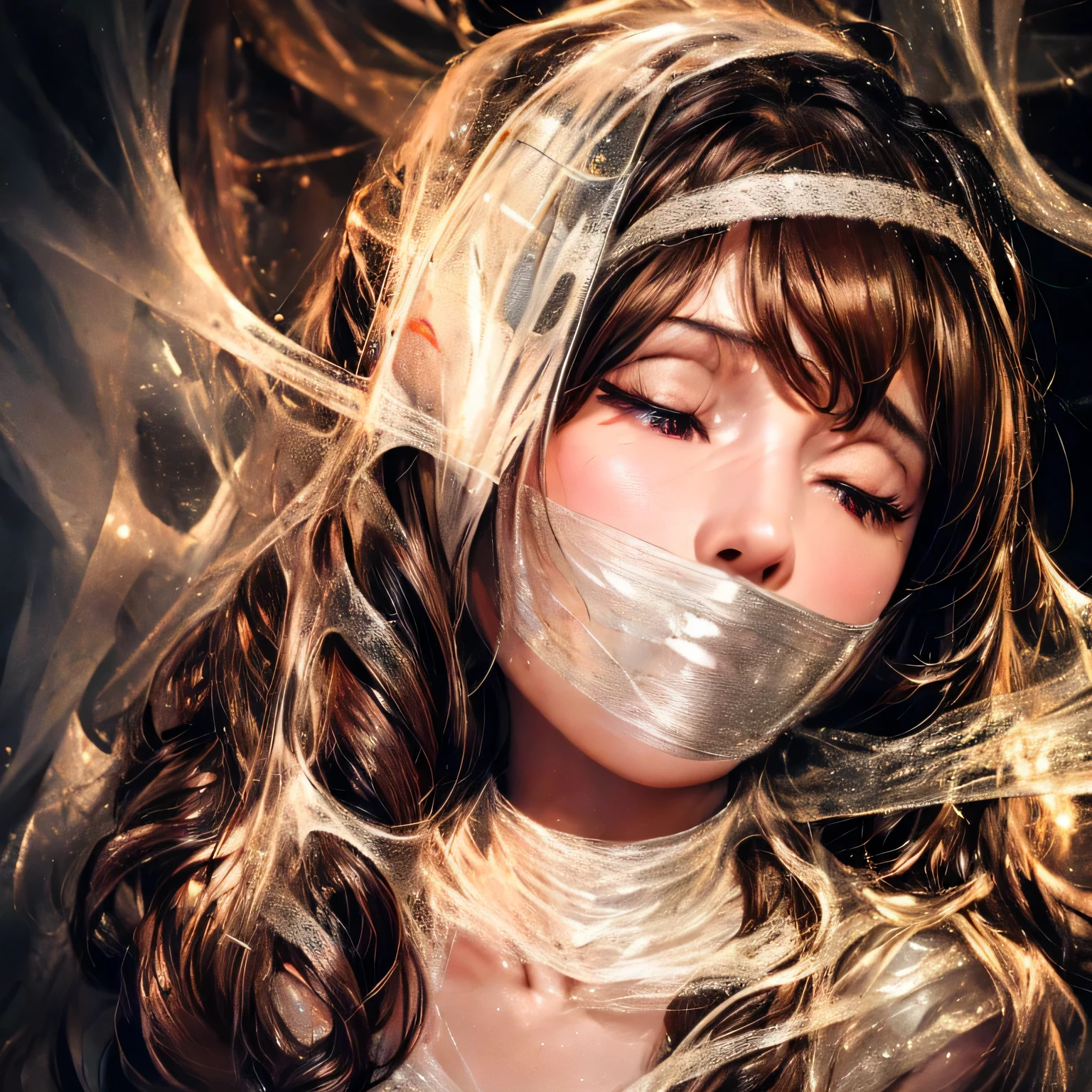 (best quality,4k,8k,highres,masterpiece:1.2),ultra-detailed,realistic,woman,detailed eyes and face,long eyelashes,beautiful detailed lips,extremely detailed eyes,closed eyes,dark hair,wild curly hair,dark makeup,bright red lips,tight web bondage,black silk cocoon,struggling woman, entangled,desperate expression,
shadows,low key lighting,surreal atmosphere,soft focus,erotic art,visual tension,claustrophobic,feeling trapped,delicate silk threads,close-up view,detailed skin texture,dramatic pose,dynamic movement,subtle color tones,limited color scheme,dramatic contrast,emotional intensity, shiny tape gag