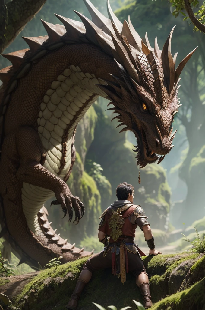 Crie um amuleto esverdeado com pequenos detalhes. Behind the amulet is a large brown dragon
