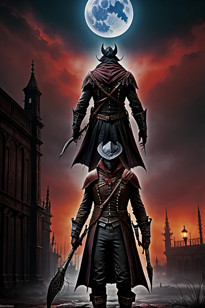 Cazador de Bloodborne de espalda, con luna de fondo color roja en una noche con un poco de neblina en la ciudad