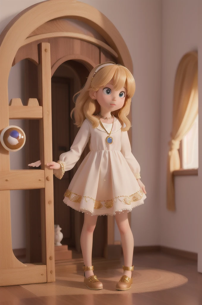 ((best quality,8K,Masterpiece)) (1 girl)) the girl have a  6 years there is a with golden hair with beautiful and big brown eyes with white sparkles, she is in her room, and next to her there is a ((portal magic that leads to a new world)), the is wearing a necklace that you can see is special
