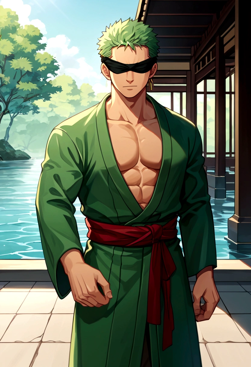 score_9, score_8_up, score_7_up, BREAK, source_anime, 1boy, roronoa zoro, looking at viewer, standing, outdoors, water, solo, male focus, japanese clothes, green kimono, open kimono, pectorals, wide sleeves, red sash, single earring, roronoazoro, (blindfold, covered eyes, blindfold across eye, eye patch), , anime screenshot, anime screencap, anime coloring, dramatic composition, cinematic lighting, (masterpiece, best quality, Professional, perfect composition, very aesthetic, absurdres, ultra-detailed, intricate details:1.3)