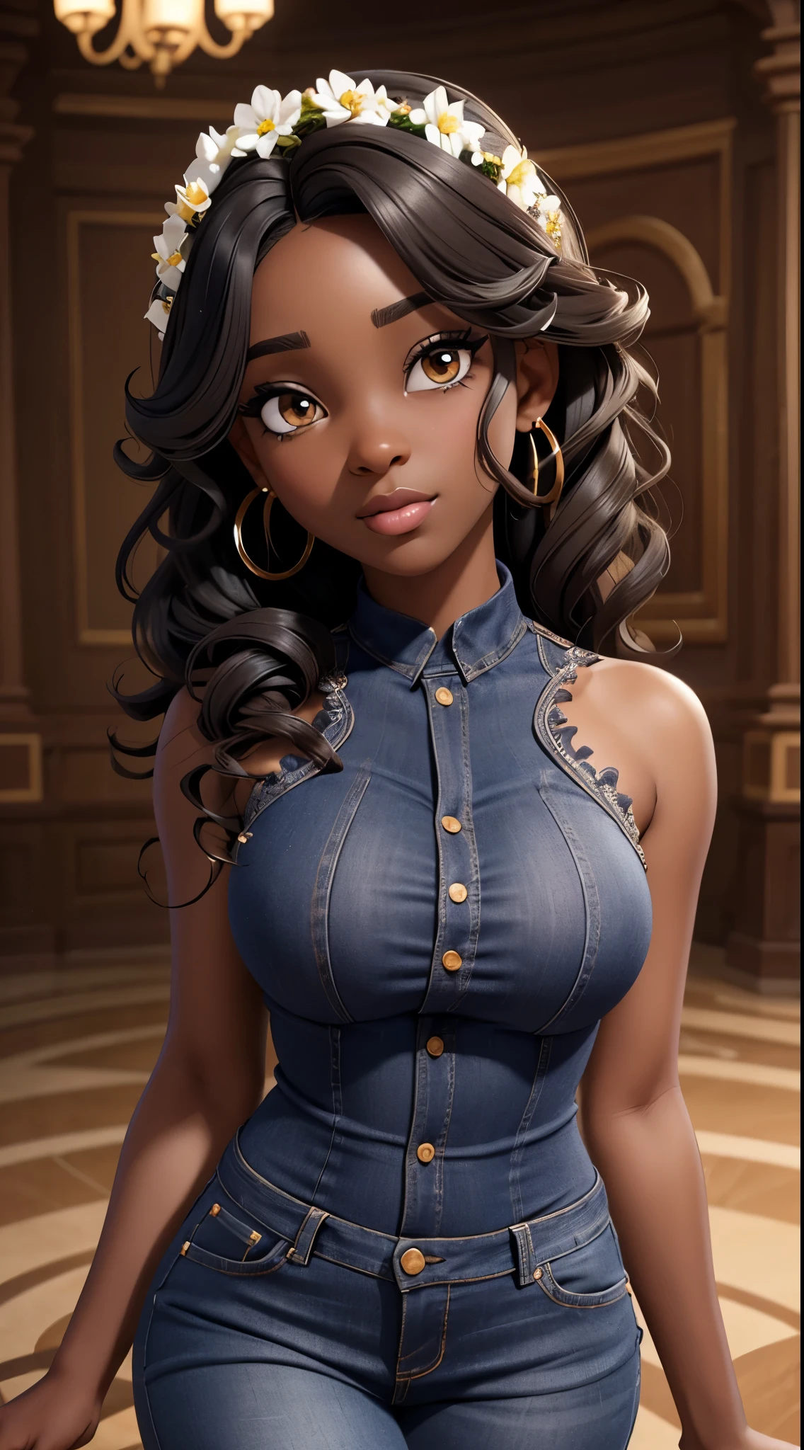 1girl african dark brown skin, realistic shadows, detailed skin, sparkling eyes, curly black hair, very detailed, highly detailed 8k face, perfect face shape, perfect full lips, perfect nose, correct beautiful eyes, observant, wedding dress:4 , hair flowers, masterpiece , best quality, single, jeans, alone