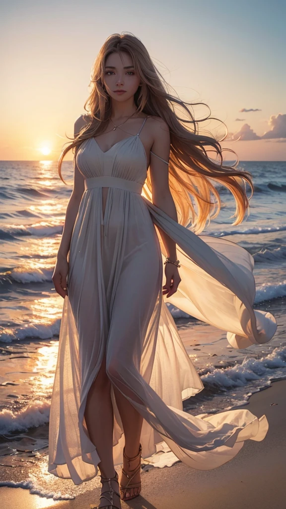 Design a beautiful, detailed digital artwork featuring a young woman with long, flowing hair, standing on a sandy beach during sunset. She is dressed in a light, flowing dress that moves with the wind. The scene captures the vibrant colors of the sunset, with the sky transitioning from warm oranges and pinks to deeper purples and blues. The waves of the ocean are gently rolling in the background. The woman's expression is peaceful as she gazes at the horizon, with the soft, golden light of the setting sun illuminating her face and hair