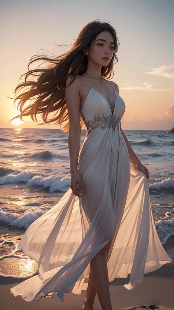 Design a beautiful, detailed digital artwork featuring a young woman with long, flowing hair, standing on a sandy beach during sunset. She is dressed in a light, flowing dress that moves with the wind. The scene captures the vibrant colors of the sunset, with the sky transitioning from warm oranges and pinks to deeper purples and blues. The waves of the ocean are gently rolling in the background. The woman's expression is peaceful as she gazes at the horizon, with the soft, golden light of the setting sun illuminating her face and hair