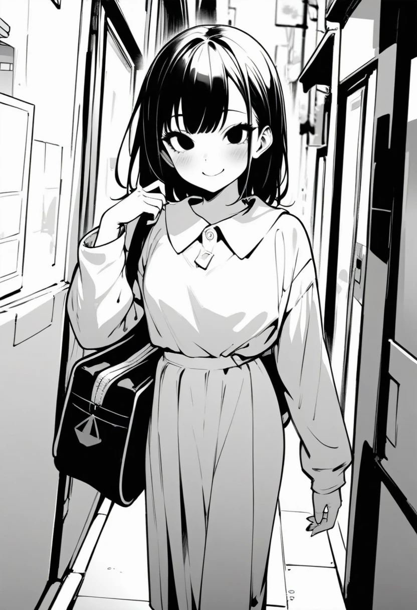 masterpiece, best quality 1girl, grayscale, Japanese manga, black eyes, street, iced, black hair, schoolbag, smile, lineart, white background