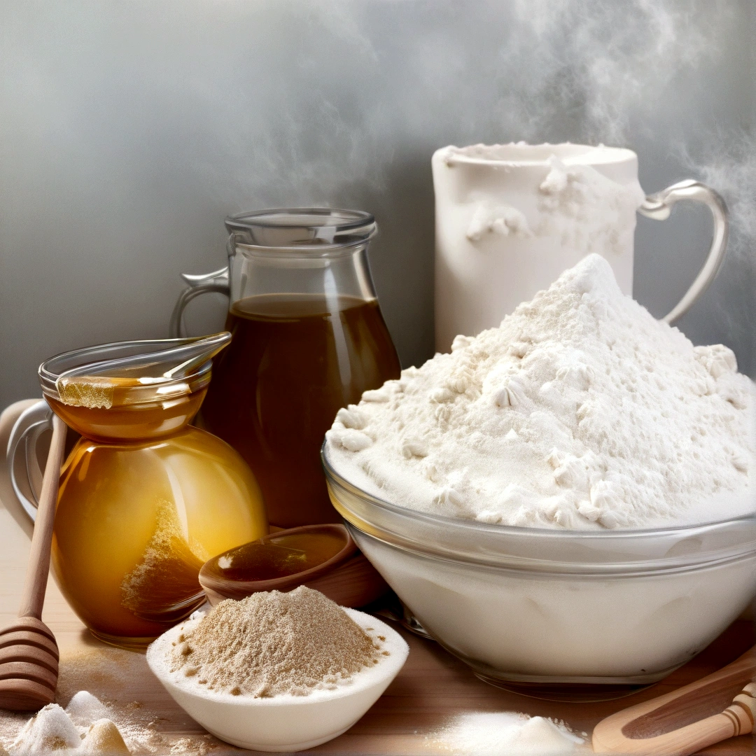 there are a lot of ingredients that are on a table, ingredients on the table, covered in white flour, recipe, strange ingredients on the table, flour dust, honey, white, white clay, alchemical still made from clay, outstanding detail, homemade, exploitable image, creating a soft, flour dust spray, clean face and body skin, highly rendered