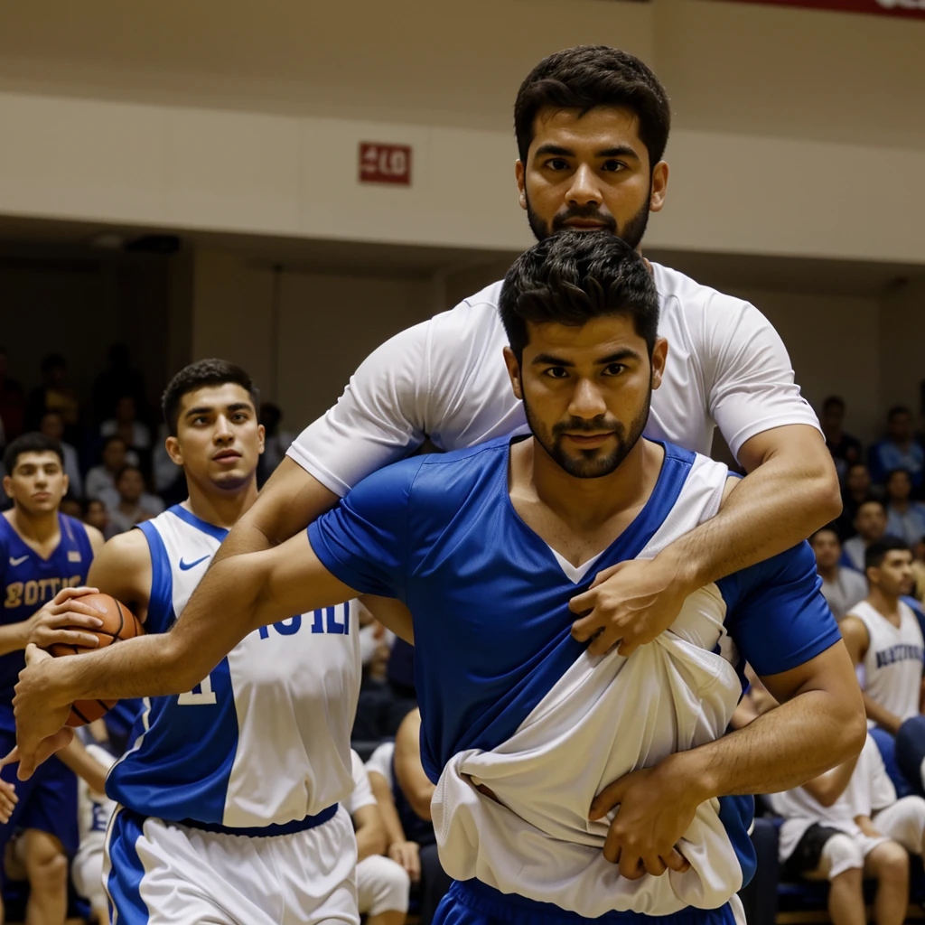 father carrying his little son on his shoulders, el hijo sostiene una pelota de basquet
