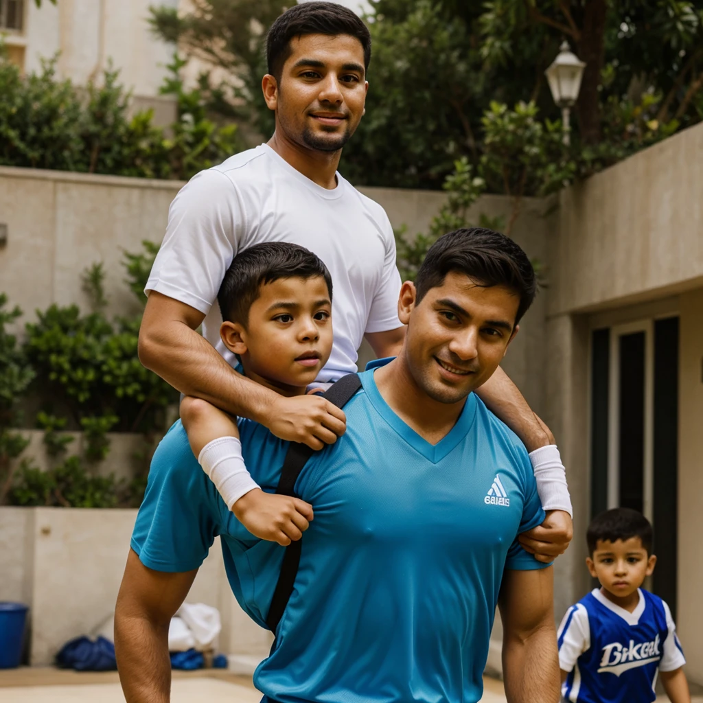 father carrying his son on his shoulders, el hijo sostiene una pelota de basquet