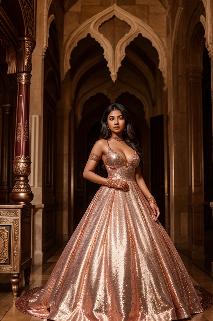 South asian girl in a renaissance castle. She is wearing a long sequins rose gold ball gown and burgundy velvet opera gloves. There is rose gold laces on the breast part of the dress and on the top of the gloves