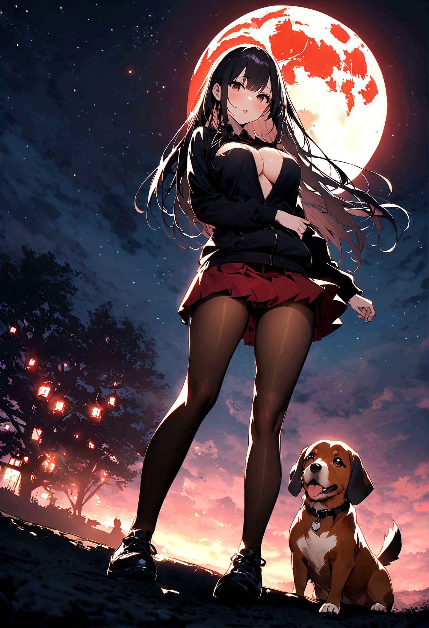 Dog 1、Woman 1、Red miniature dachshund、Red miniature dachshund long hair、dog&#39;color is red、woman with very long black hair、Busty women、Spectacular views、Night Scene、The view from the top of the hill、Full moon night sky、swirling starry sky、８K、Best Quality、詳しいdogの顔、The woman is facing the opposite direction、Ria、I can't see a woman's face、The whole body is in the photo、Like the night view of Tokyo、The woman is wearing a miniskirt and her crotch is visible.、Pantyhose legs