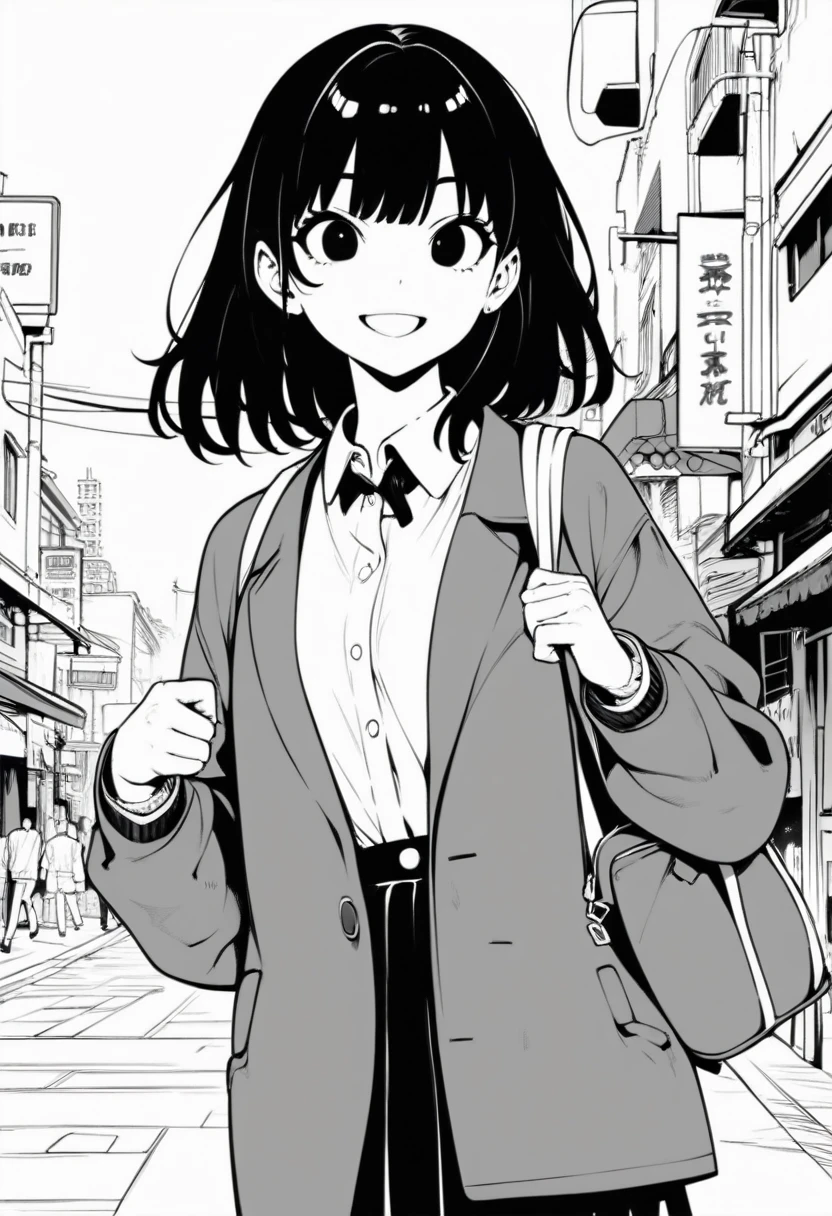 masterpiece, best quality 1girl, grayscale, style: Japanese manga, black eyes, street, iced, black hair, schoolbag, smile, lineart, white background
