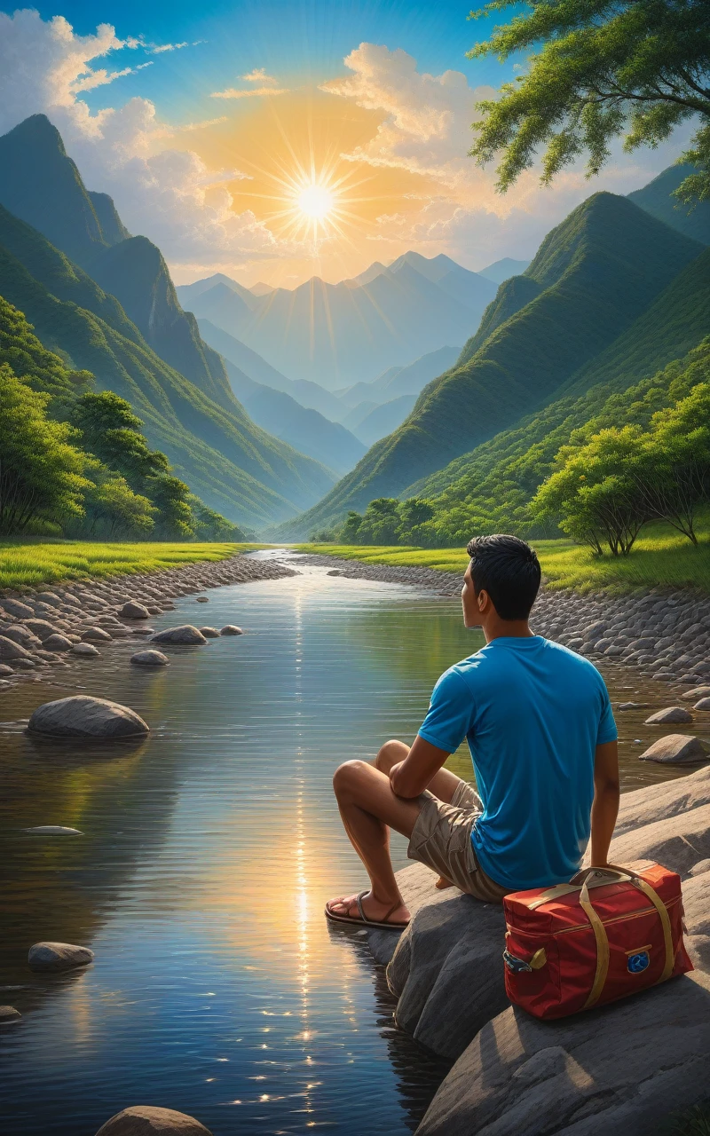 view from behind, a 25 years old latino man is siting by the river watching the sun rice in the background, river, mountains, sun, clouds He is wearing flip flop sandals, dramatic, pacefull scene high quality masterful still-life painting, oil painting, vibrant rich colors, atmospheric perspective, depth, illustration, intricate details, ultra high resolution, sharp details, sharp focus, 8k resolution Miki Asai Macro photography, fullbody, hyper detailed, trending on artstation, sharp focus, studio photo, intricate details, highly detailed, by greg rutkowski ,GO_pokemon,