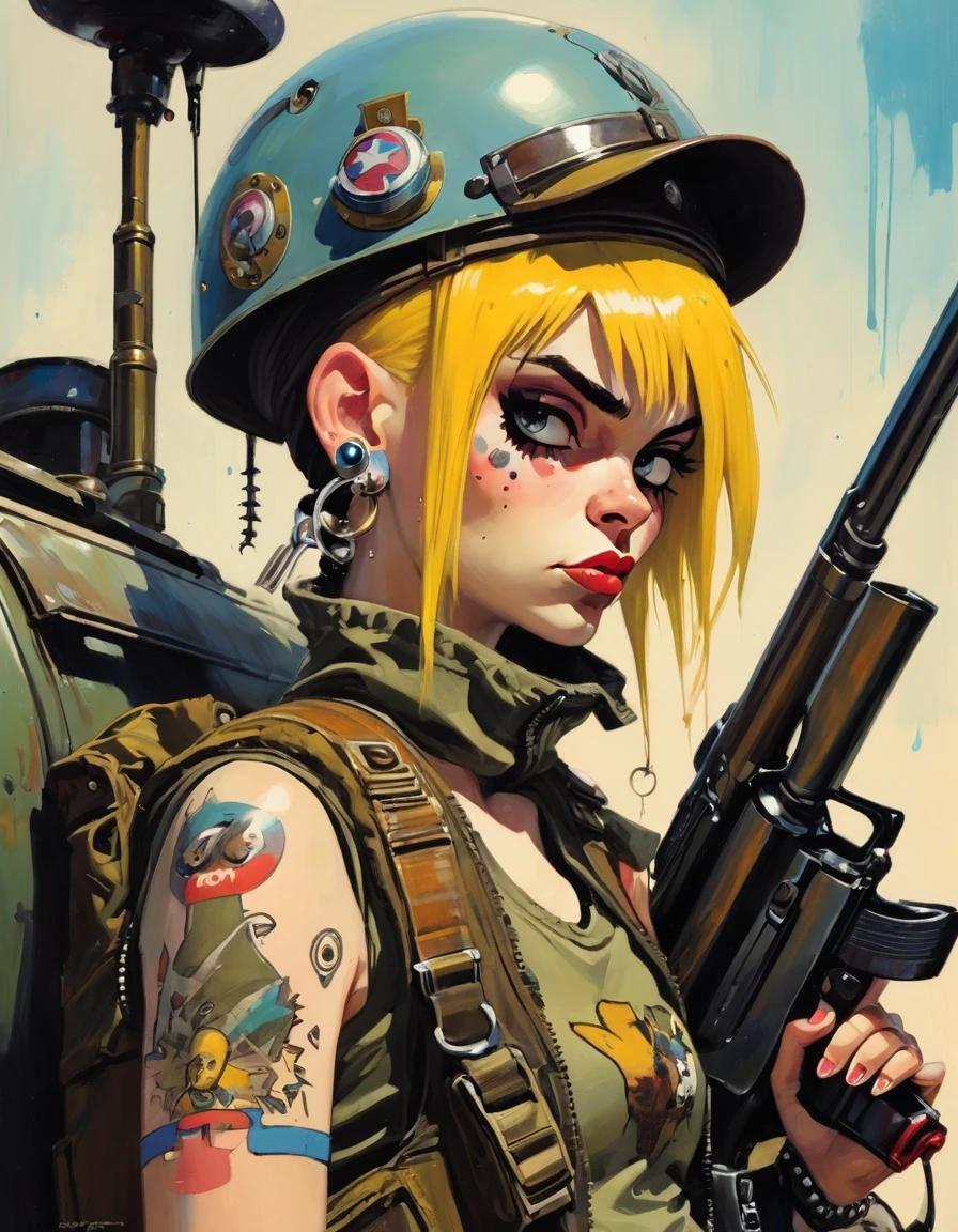 tank girl character, military helmet, piercings, shotgun, in a tank, (art inspired by Skottie Young and Bill Sienkiewicz). oil painting)