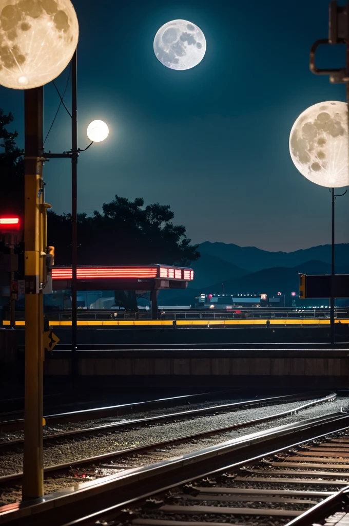 The station platform illuminated by the light of the full moon、Otherworldly Moon