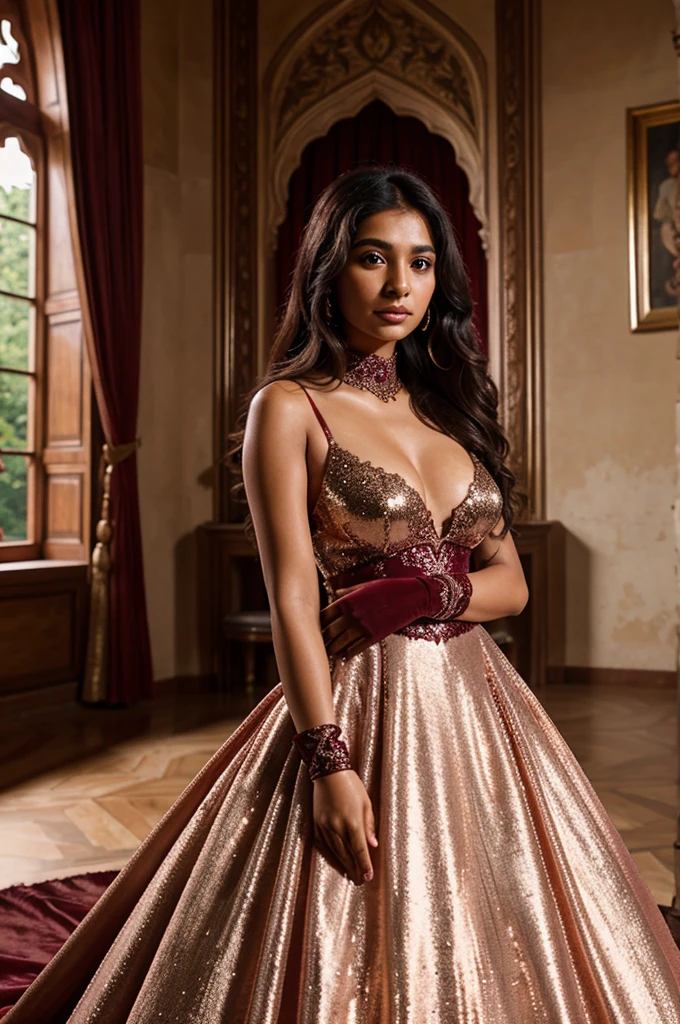 South asian girl in a renaissance castle. She is wearing a long sequins rose gold ball gown and burgundy velvet opera gloves. There is rose gold laces on the breast part of the dress and on the top of the gloves