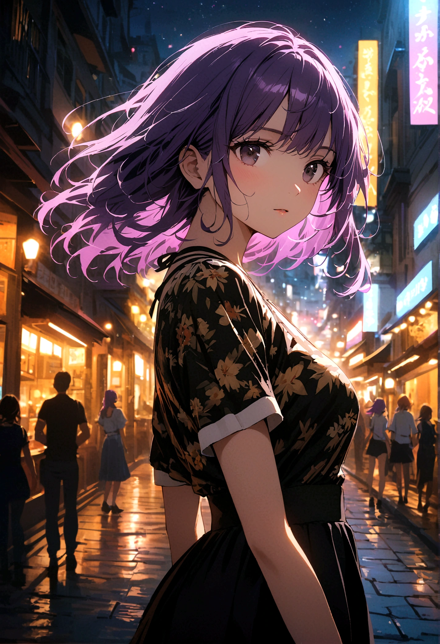 A woman with long purple hair and black eyes in a vacation outfit stands alone in the middle of the city at night.