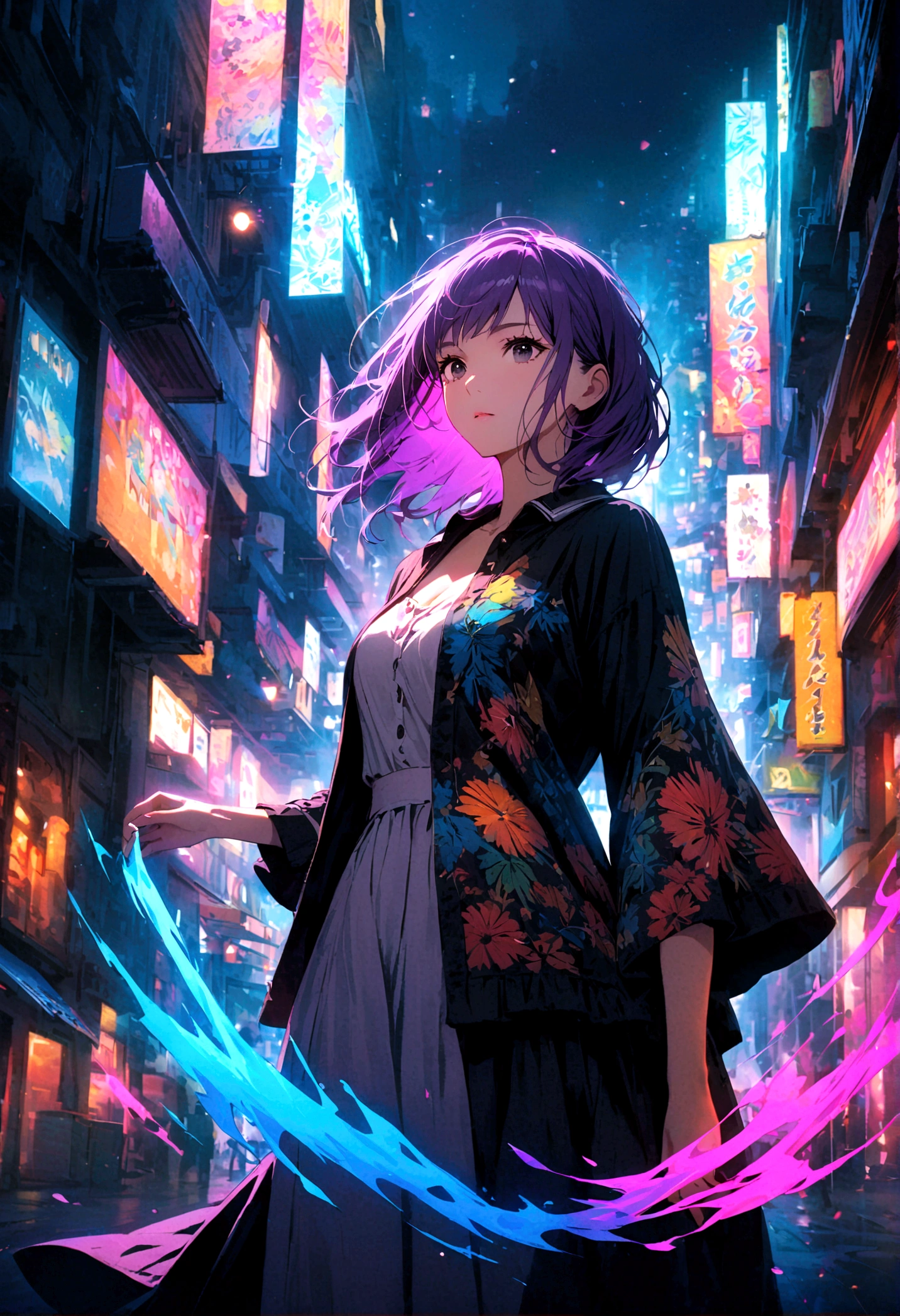 A woman with long purple hair and black eyes in a vacation outfit stands alone in the middle of the city at night.