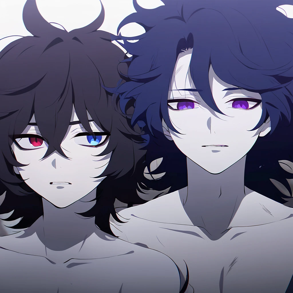 Russian male, one purple eye and the other blue with short, messy hair and pale skin. Anime style.