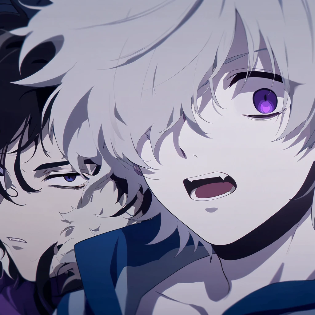 Russian male, one purple eye and the other blue with short, messy hair and pale skin. Anime style.