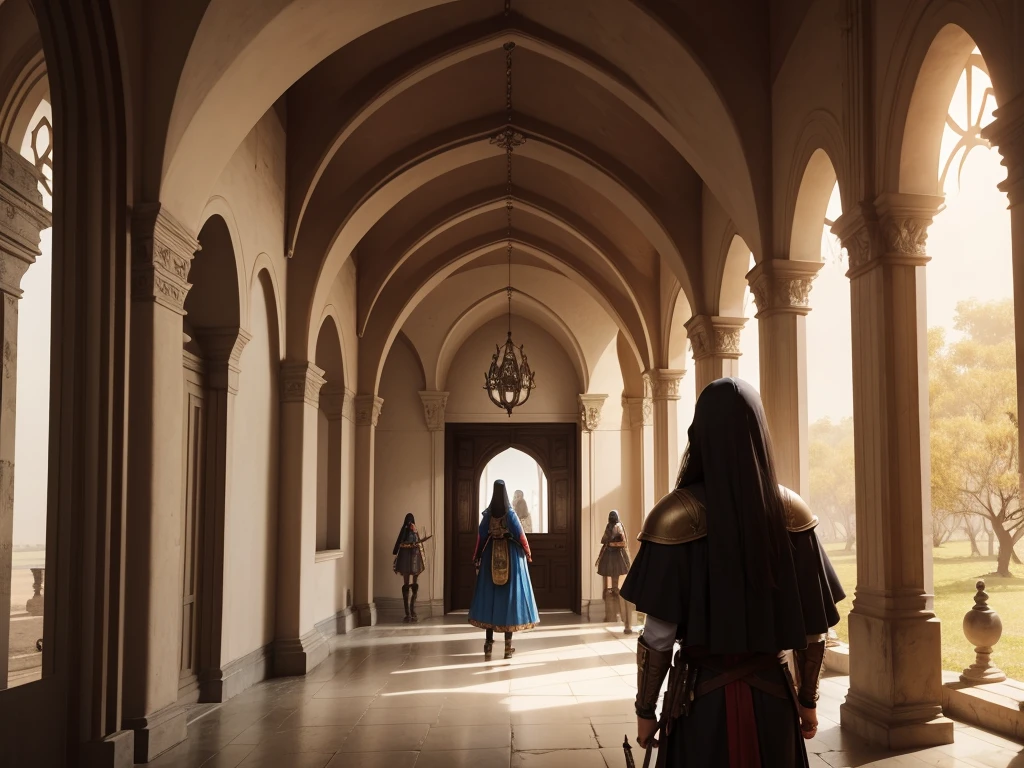 huge hall, com pilares altos e uma porta enorme, pequena escadaria, pessoas entrando e saindo com armaduras e roupas de mago