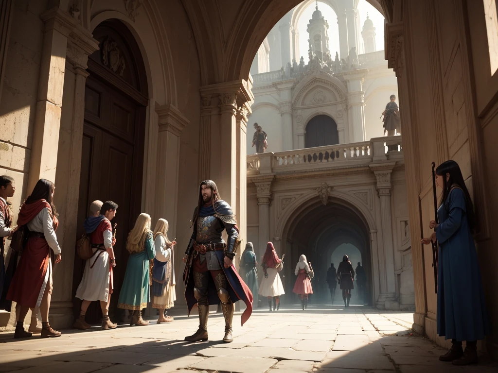 huge hall, com pilares altos e uma porta enorme, pequena escadaria, pessoas entrando e saindo com armaduras e roupas de mago