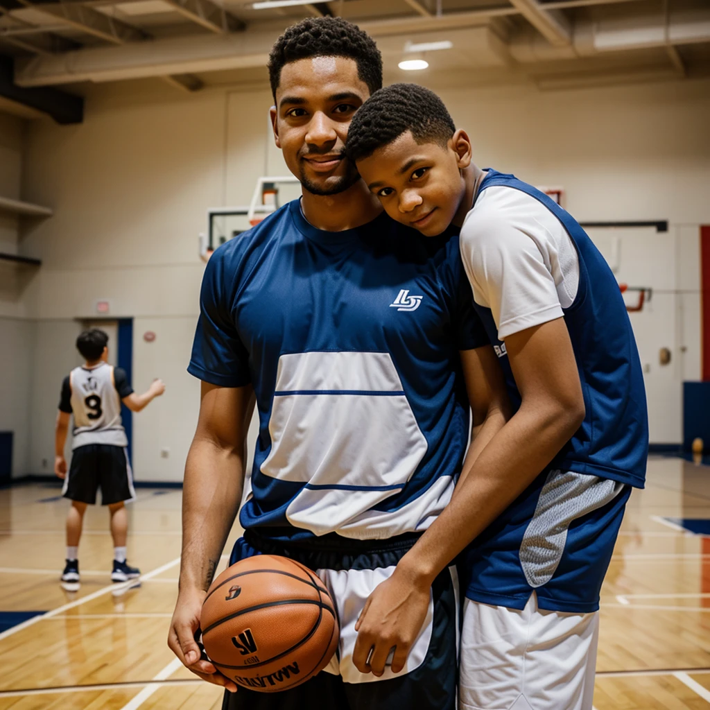 father and  son holding a basketball