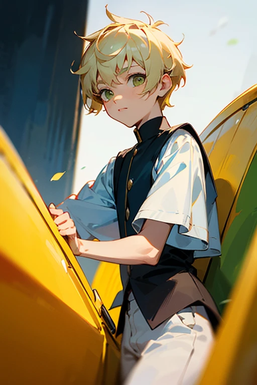 13 year old boy with white tamboy cut hair and yellowish green eyes, como un testigo de jehova