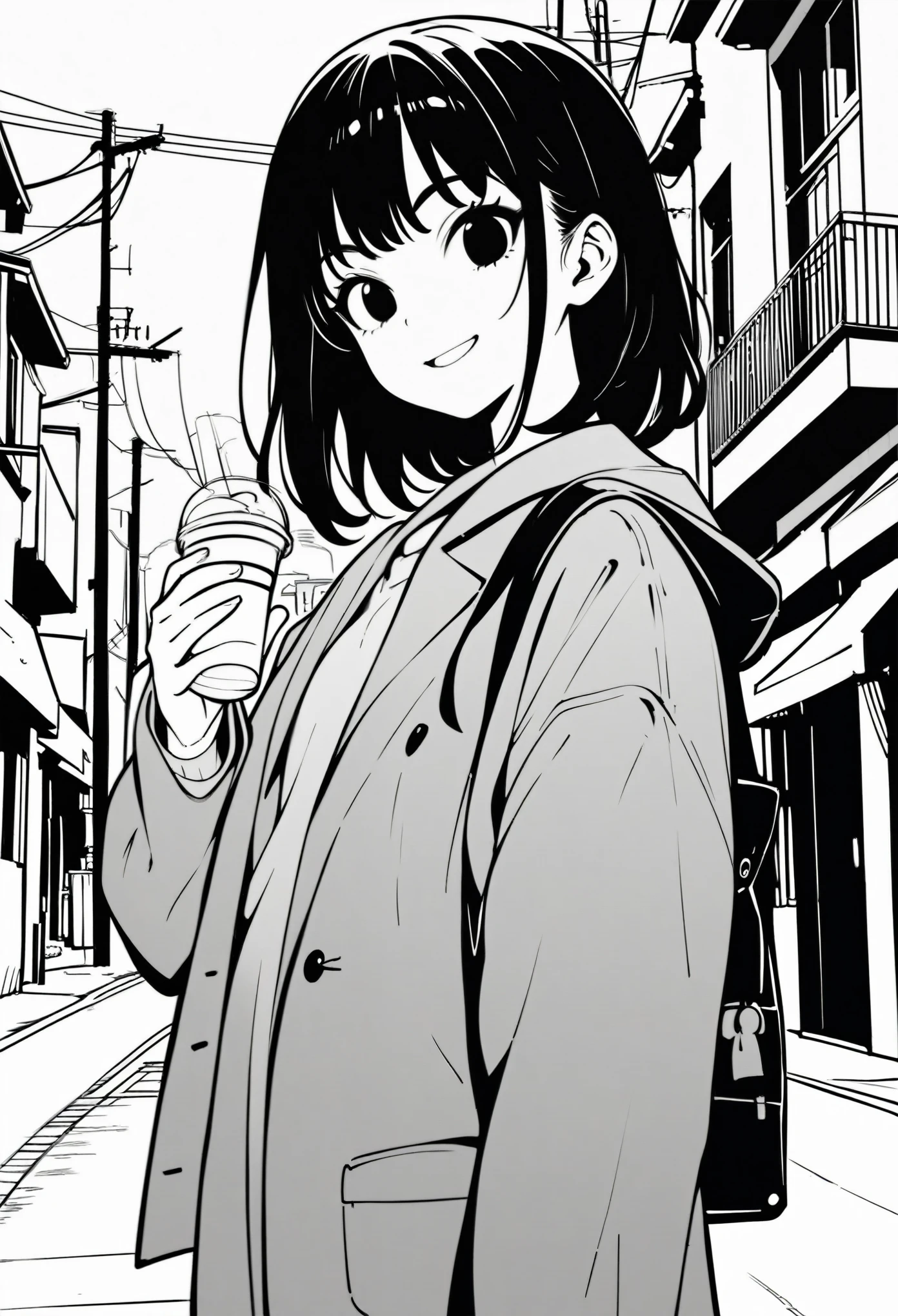 masterpiece, best quality 1girl, grayscale, style: Japanese manga, black eyes, street, iced, black hair, schoolbag, smile, lineart, white background