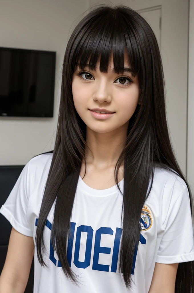 anime girl with bangs and long hair wearing a Real Madrid T-shirt
