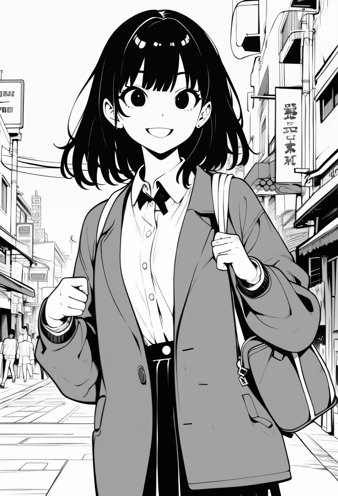 ​masterpiece, best quality 1girl, grayscale, style: Japanese manga, black eyes, street, iced, black hair, schoolbag, smile, lineart, white background
