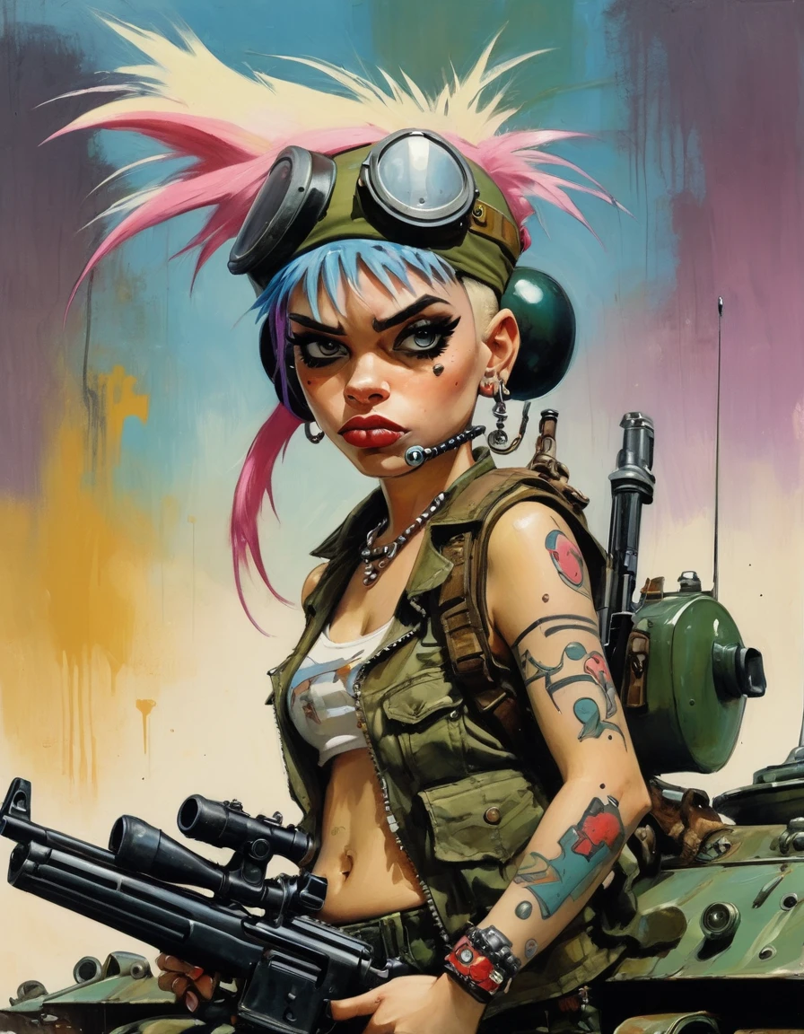 tank girl character, military helmet, piercings, shotgun, in a tank, (art inspired by Skottie Young and Bill Sienkiewicz). oil painting)