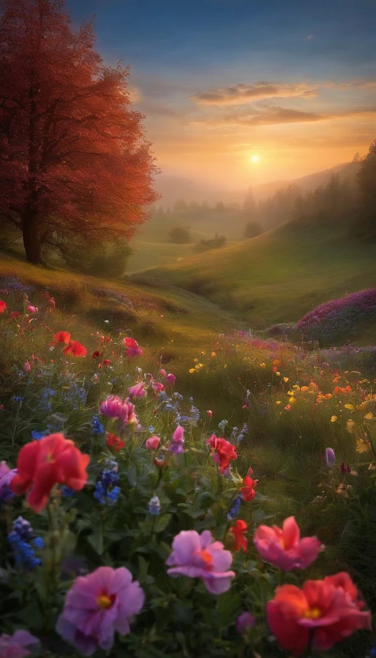 A dreamlike, ethereal meadow filled with a variety of vividly colored flowers under a soft, magical twilight. The flowers should be in full bloom, with some glowing softly, and there should be a gentle mist that adds a touch of mystery to the scene. In the background, distant mountains can be seen, partially obscured by the mist. The atmosphere should feel serene, enchanted, and otherworldly