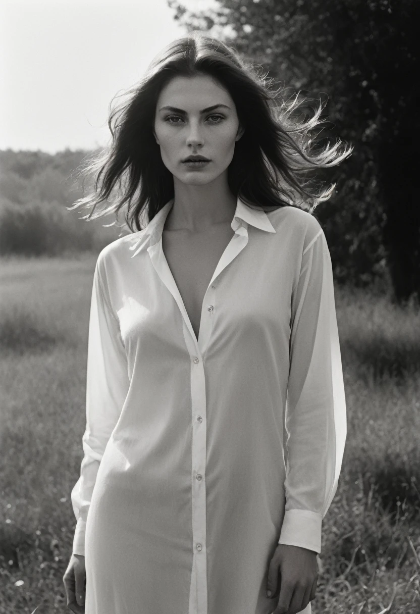 (dark mood masterpiece Photography by Mario Giacomelli:1.2), evil slavic woman, pale skin, long dark blond hair, Stunning b&w 35mm full body photo of a beautiful (woman like [Ava Lavinia Gardner:russian girl:0.6]), perfecteyes, dark circles under eyes, highly detailed skin, (lightest freckles:0.9), standing in a casual pose with her hands on her nipples. wearing (wide-open:1.34) white_silk_shirt. unbuttoned shirt. (nipslip:1.4). a loose-fitting oversized men's unbuttoned shirt, open white business shirt. intricate poses by ruth bernhard. (Photography and style by ruth bernhard). 35mm, Hasselblad. capturing fashion-forward visuals, creating visual impact,evoking emotion,pushing creative boundaries. golden hour, shot from the side, playful pose, god rays,artistic photoshoot