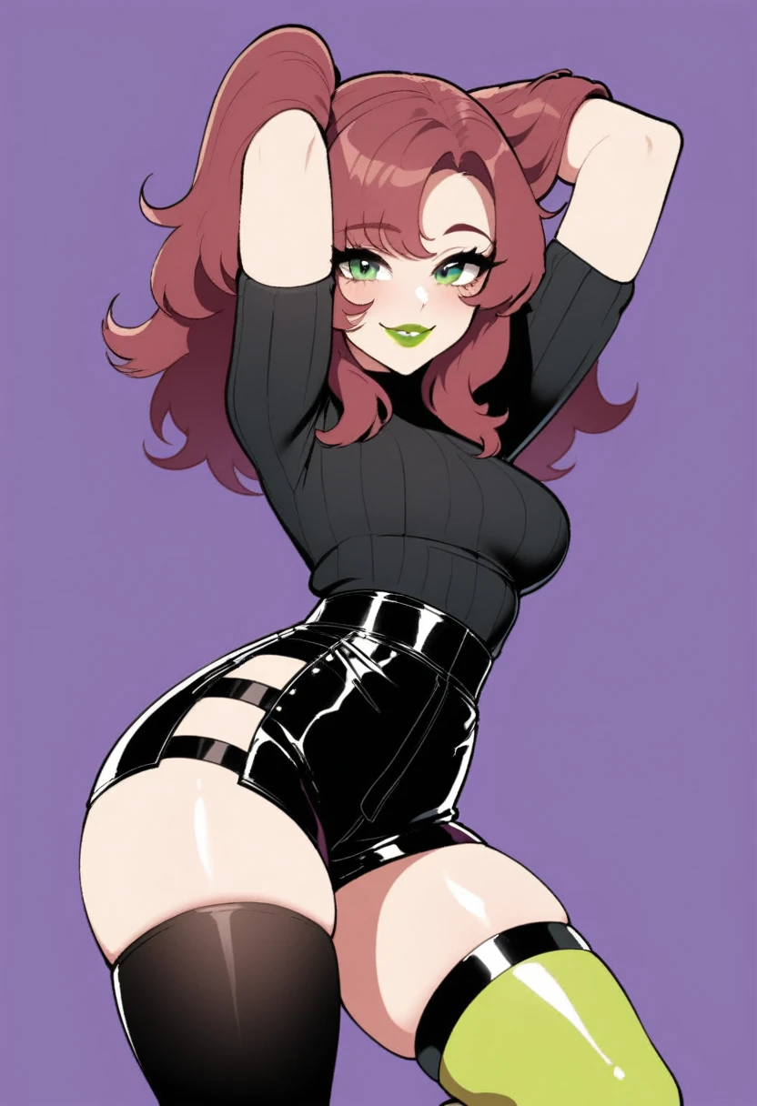 masterpiece, highres,1girl, yorra_villeneuve,arms up, hands in hair, smile, shiny skin, (green eyes, green lips), (thigh strap, assymetrical legwear, thighhigh,purple high waist shorts, black sweater , long sleeves:1.2), simple background ,Nyantcha,
