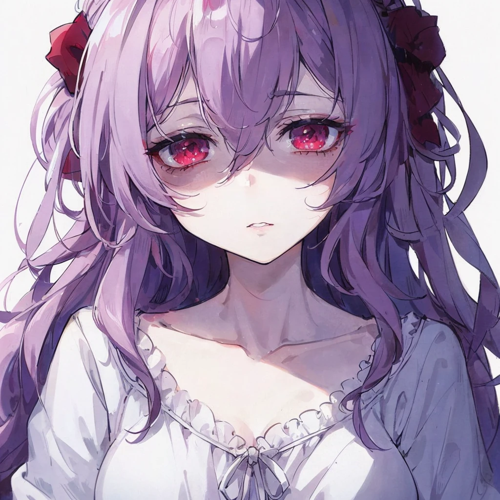 Chica anime con cabello largo morado y ojos rojos con un vestido blanco., anime moe art style, Gapmoe Yandere, yandere, ojos morados y vestido blanco, chica anime demonio, portrait Gapmoe Yandere grimdark, anime visual de una linda chica, impresionante retrato de cara de anime, Gapmoe Yandere grimdark, guweiz, arte anime limpio y detallado