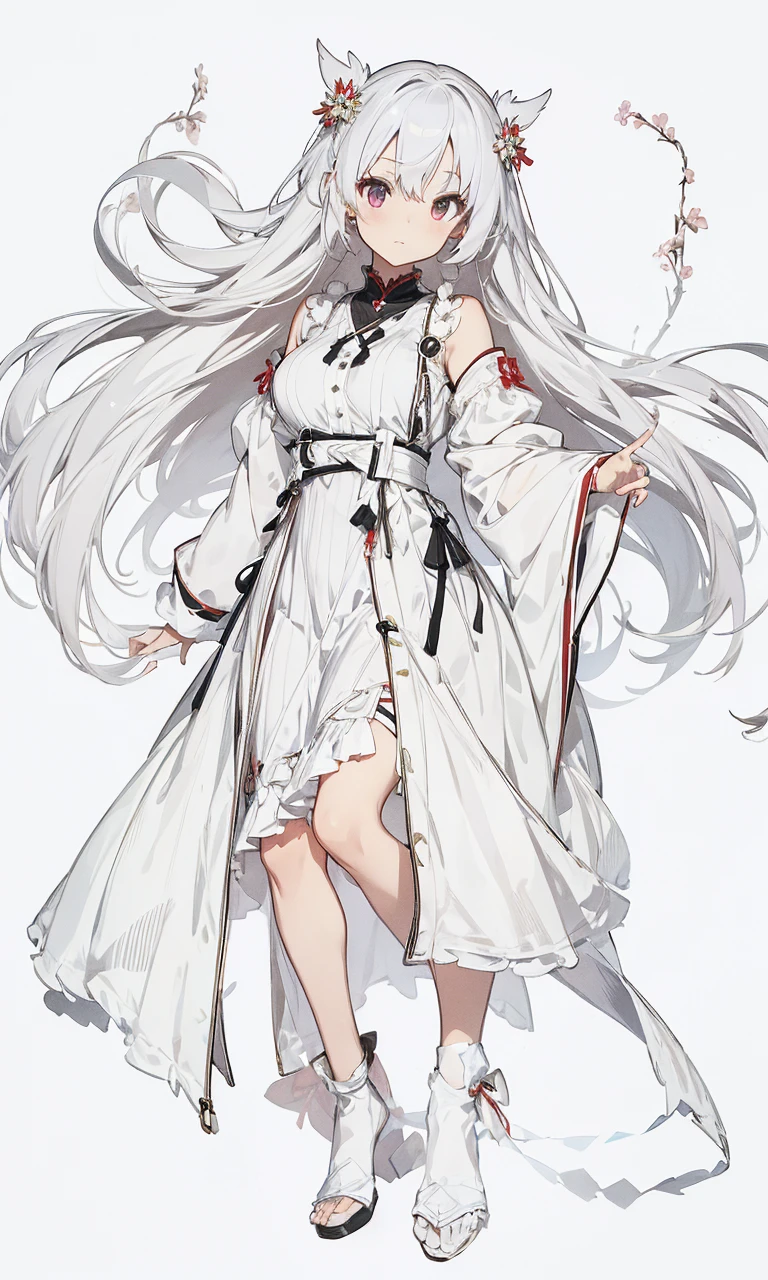 miko dress,big chest,white hair,full body