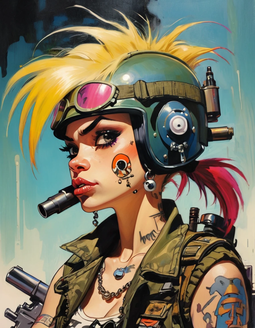 tank girl character, military helmet, cigar, piercings, shotgun, in a tank, (art inspired by Skottie Young and Bill Sienkiewicz). oil painting)