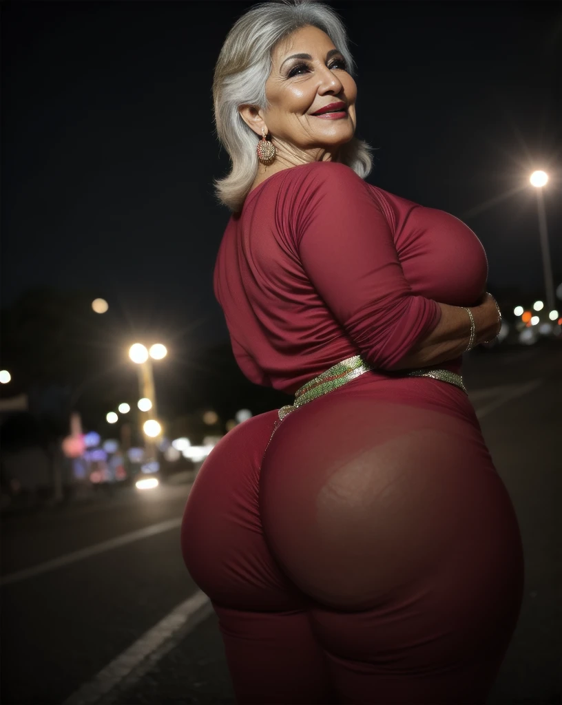 Beautiful 65 year old grandmother, mulher idosa de cabelos brancos, with her back to the camera showing a huge ass, cintura muito fina, quadril largo, beautiful grandmother, linda velha, night and urban scenery with bokeh and flares on camera