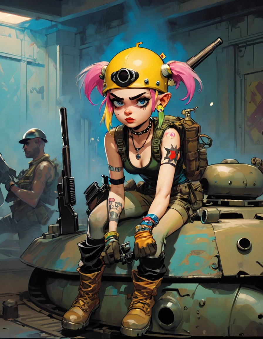 tank girl character, military helmet, cigar, piercings, shotgun, in a tank, (art inspired by Skottie Young and Bill Sienkiewicz). oil painting)