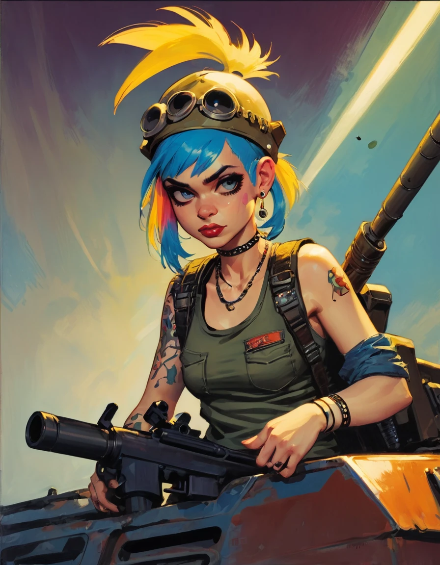 tank girl character, military helmet, piercings, shotgun, in a tank, (art inspired by Skottie Young and Bill Sienkiewicz). oil painting)